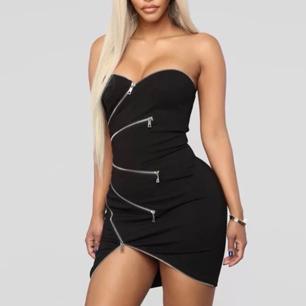 AKIRA Black Strapless Mini Dress with Silver Zipper Accents S